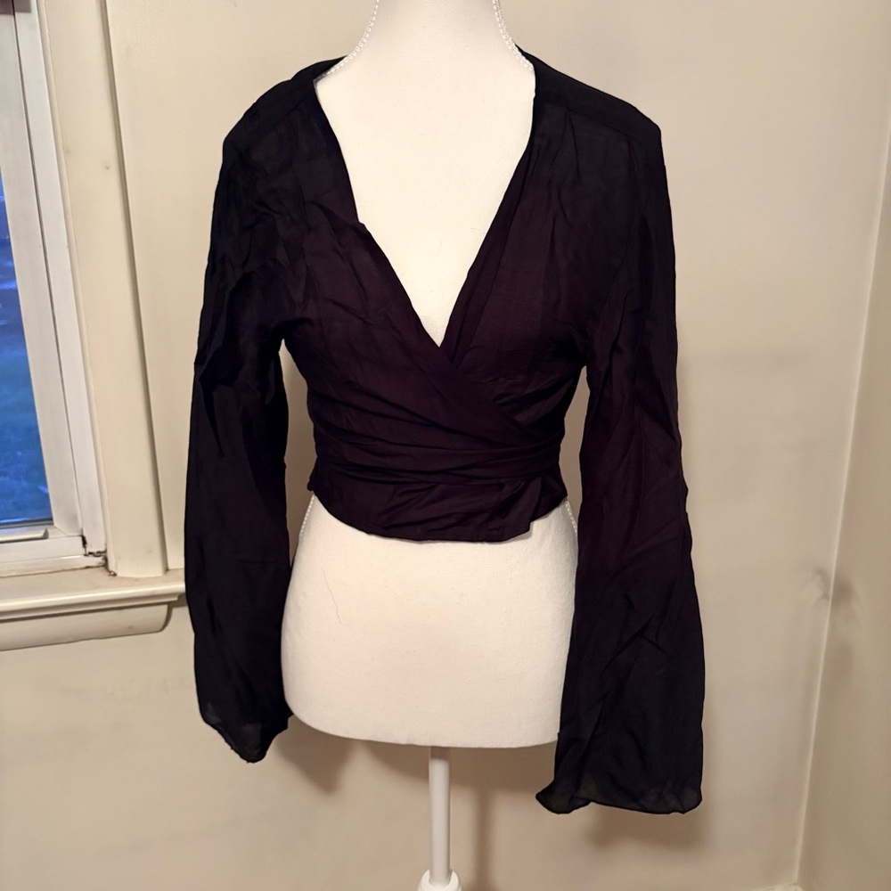 Tree of Life Black Wrap Blouse with Long Sleeves
